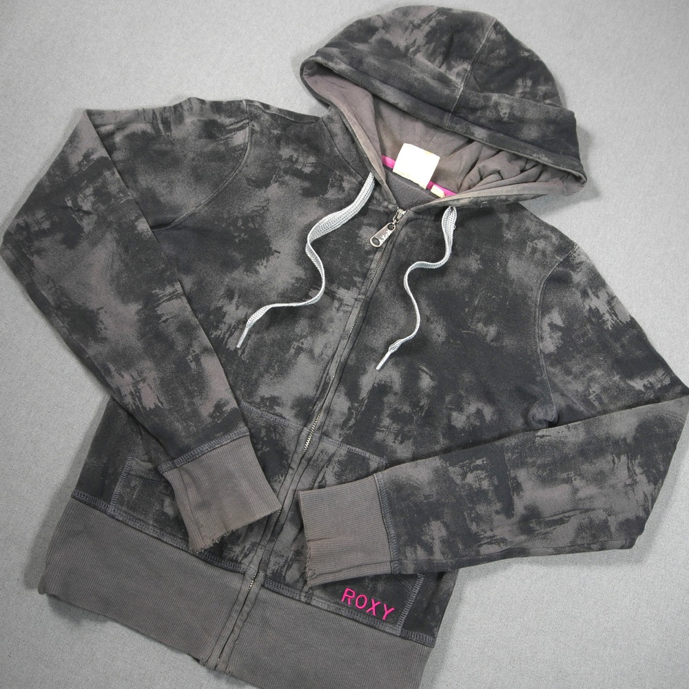 Y2K Skate Roxy Acid Wash Zip Women Hoodie XS Big Logo Surf Distressed Sweater